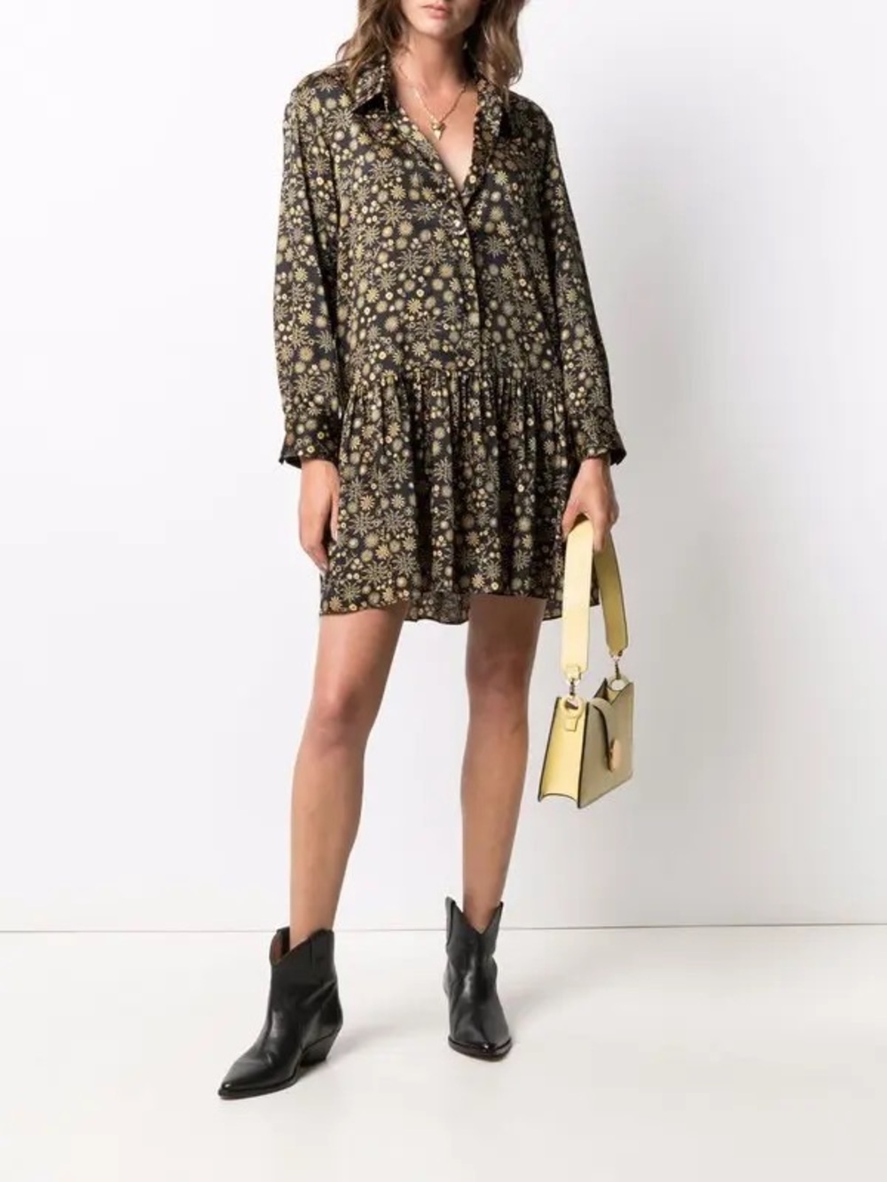 Sandro Sun Print Shift Shirt Dress Size 40 Large Black Yellow